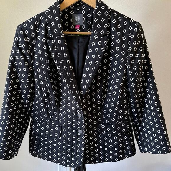 VINCE CAMUTO Women’s Black/White Geometric Diamond Print Blazer Jacket Size  14 - Picture 1 of 5